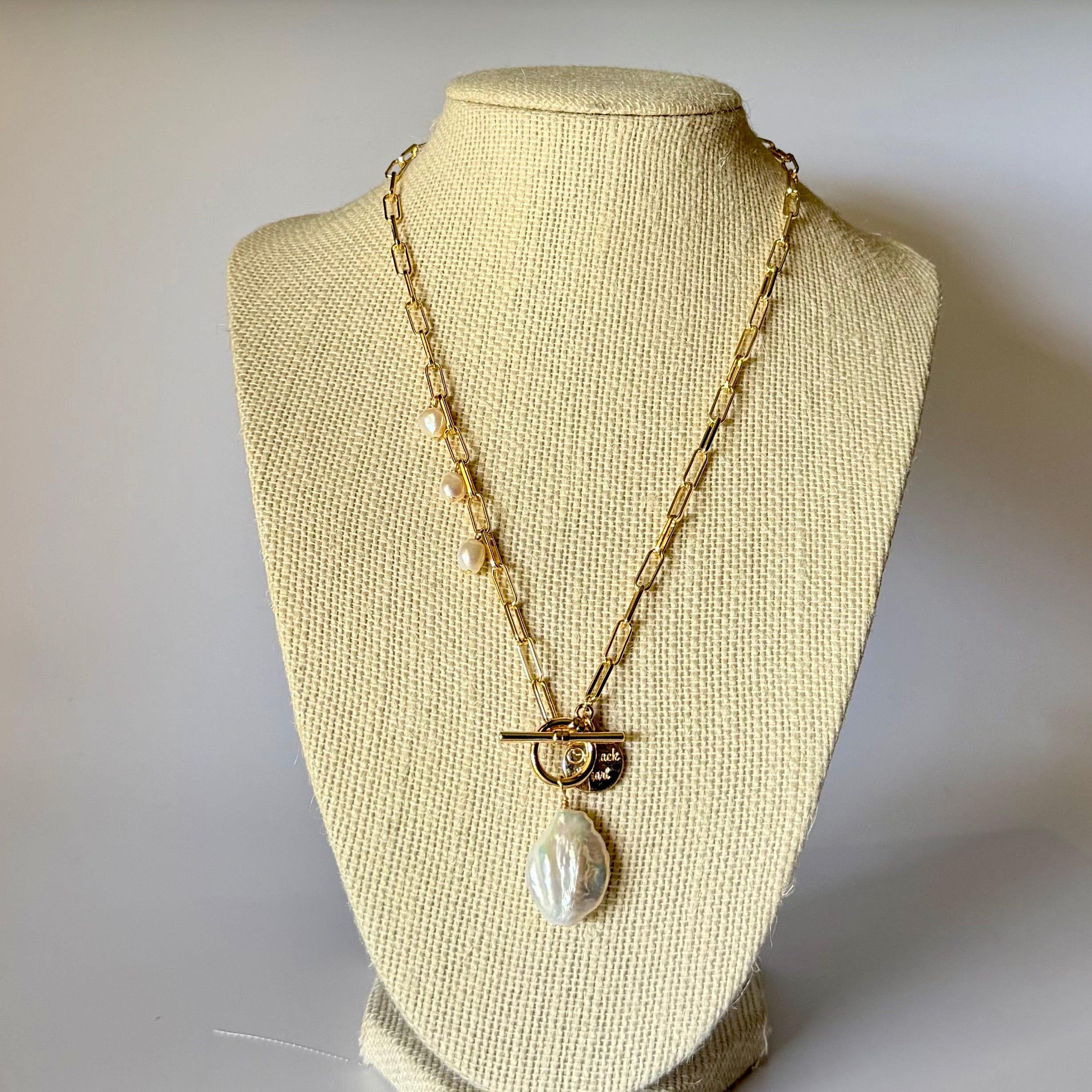 Golden Baroque Pearl Toggle Necklace